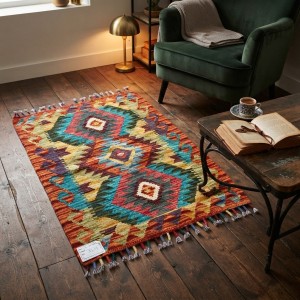 Evinizin Girişine Sıcak ve Otantik Karşılama: Kök Boya %100 Yün El Dokuma Kilim (83 x 63 cm)
