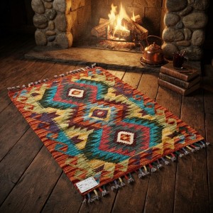 Evinizin Girişine Sıcak ve Otantik Karşılama: Kök Boya %100 Yün El Dokuma Kilim (83 x 63 cm)