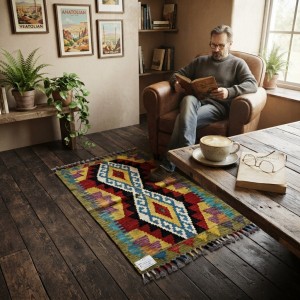 Huzurlu Okuma Anlarının Eşlikçisi: Kök Boya %100 Yün El Dokuma Otantik Kilim (93 x 60 cm)