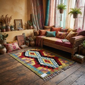 Huzurlu Okuma Anlarının Eşlikçisi: Kök Boya %100 Yün El Dokuma Otantik Kilim (93 x 60 cm)