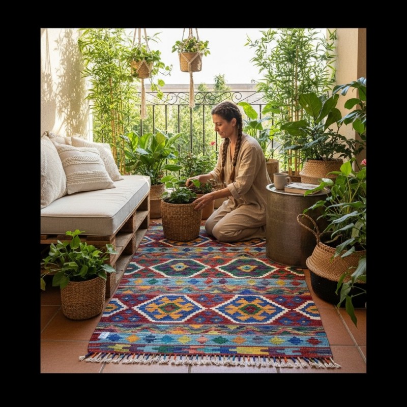 Yaratıcı Ruhlara Özel İlham Kaynağı: Kök Boya %100 Yün El Dokuma Otantik Kilim (122 x 90 cm)