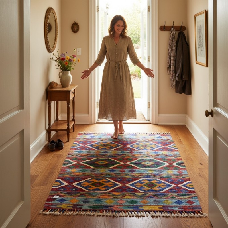 Yaratıcı Ruhlara Özel İlham Kaynağı: Kök Boya %100 Yün El Dokuma Otantik Kilim (122 x 90 cm)