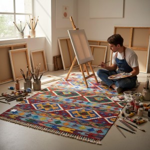Yaratıcı Ruhlara Özel İlham Kaynağı: Kök Boya %100 Yün El Dokuma Otantik Kilim (122 x 90 cm)