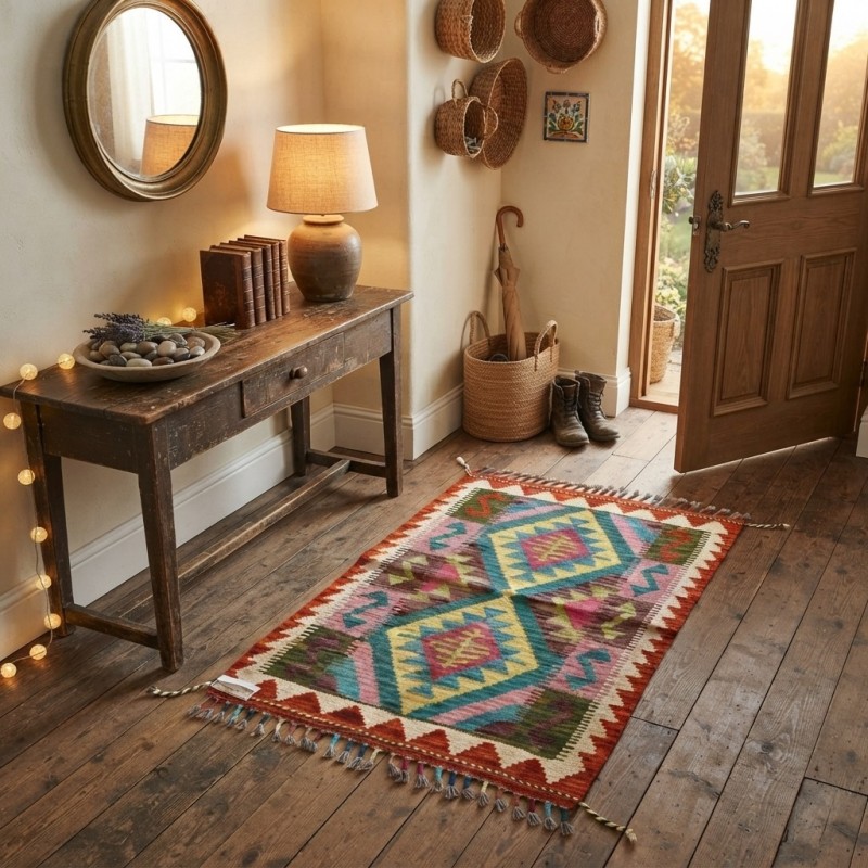 Pratiklerinize ve Keyif Anlarınıza Doğal Sıcaklık: Kök Boya %100 Yün El Dokuma Kilim (88 x 60 cm)