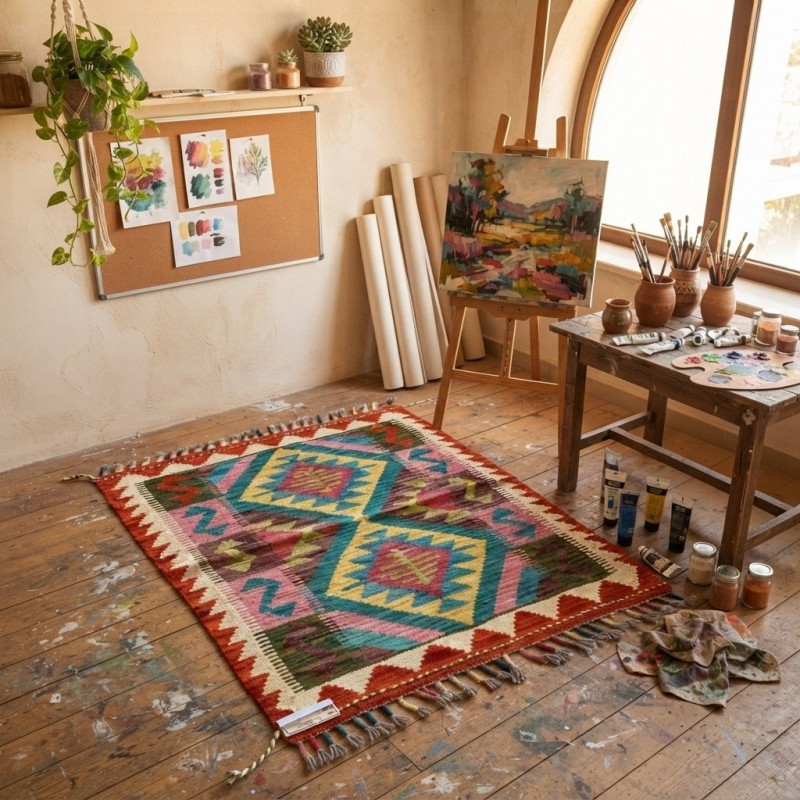 Pratiklerinize ve Keyif Anlarınıza Doğal Sıcaklık: Kök Boya %100 Yün El Dokuma Kilim (88 x 60 cm)
