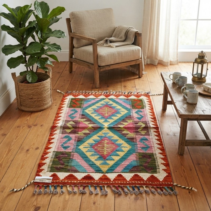 Pratiklerinize ve Keyif Anlarınıza Doğal Sıcaklık: Kök Boya %100 Yün El Dokuma Kilim (88 x 60 cm)