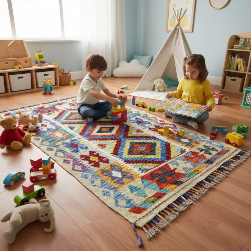 Özgür Ruhların Rota İmzası: Kök Boya %100 Yün El Dokuma Otantik Kilim (130 x 84 cm)
