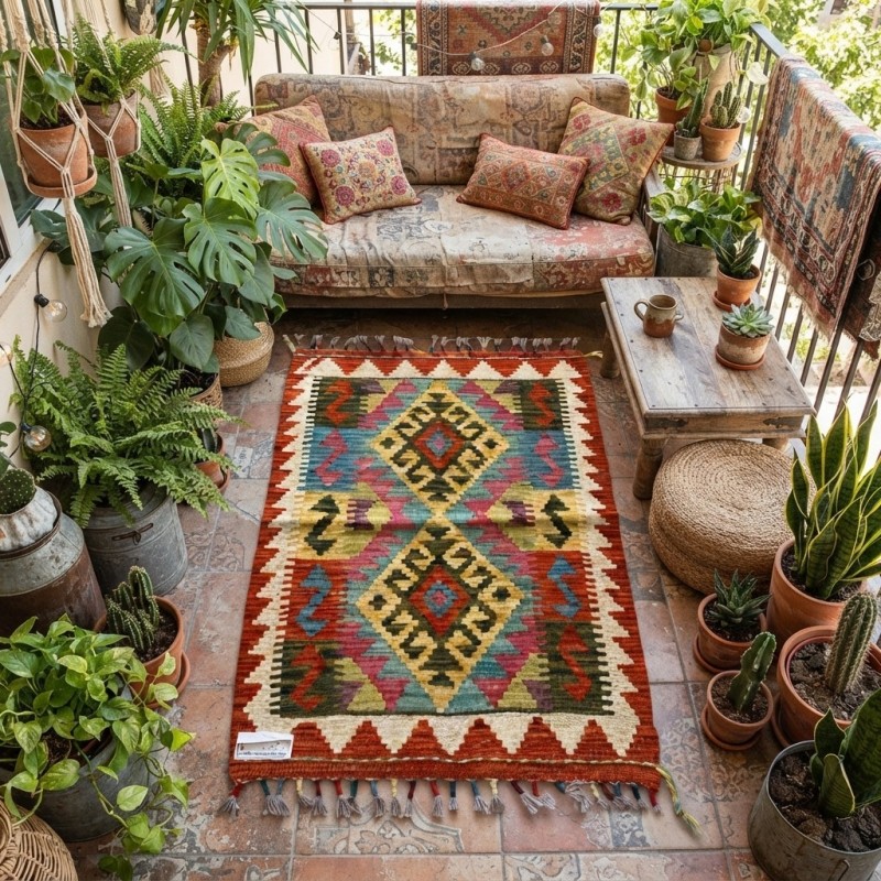 Botanik Keyif Alanlarınıza Otantik Dokunuş: Kök Boya %100 Yün El Dokuma Kilim (85 x 58 cm)