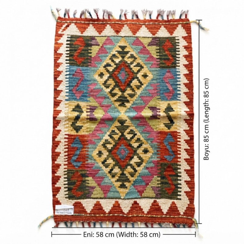 Botanik Keyif Alanlarınıza Otantik Dokunuş: Kök Boya %100 Yün El Dokuma Kilim (85 x 58 cm)
