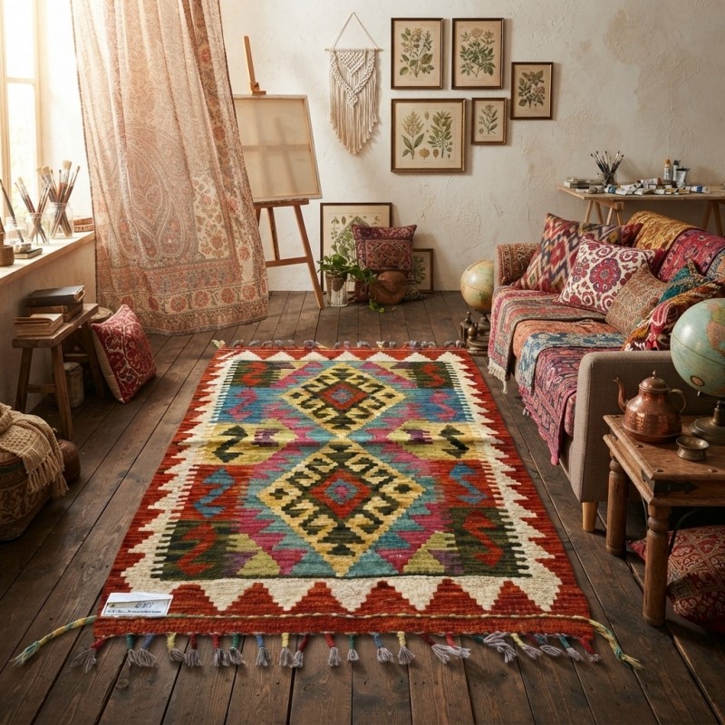 Botanik Keyif Alanlarınıza Otantik Dokunuş: Kök Boya %100 Yün El Dokuma Kilim (85 x 58 cm)