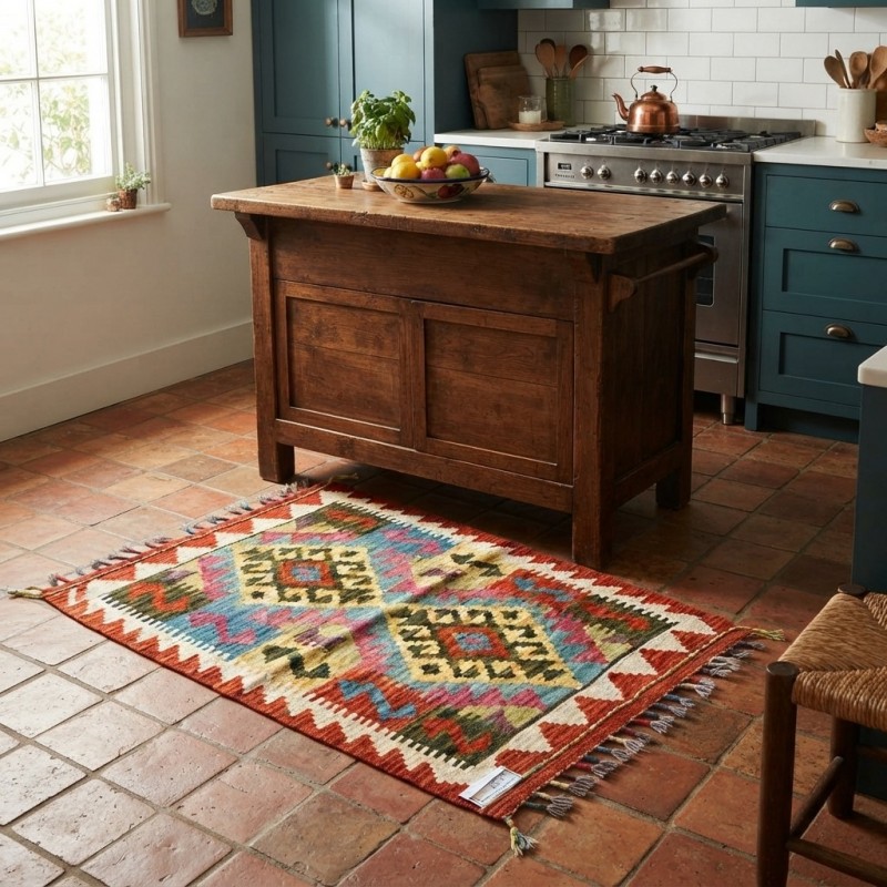 Botanik Keyif Alanlarınıza Otantik Dokunuş: Kök Boya %100 Yün El Dokuma Kilim (85 x 58 cm)