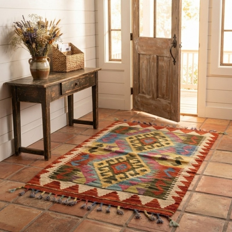 Botanik Keyif Alanlarınıza Otantik Dokunuş: Kök Boya %100 Yün El Dokuma Kilim (85 x 58 cm)