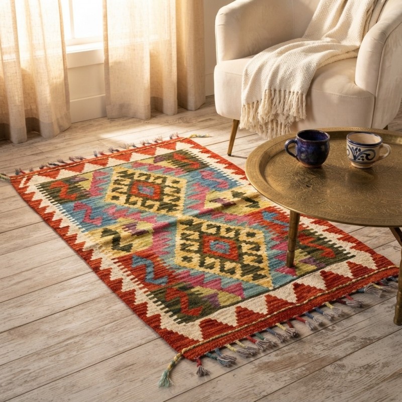 Botanik Keyif Alanlarınıza Otantik Dokunuş: Kök Boya %100 Yün El Dokuma Kilim (85 x 58 cm)