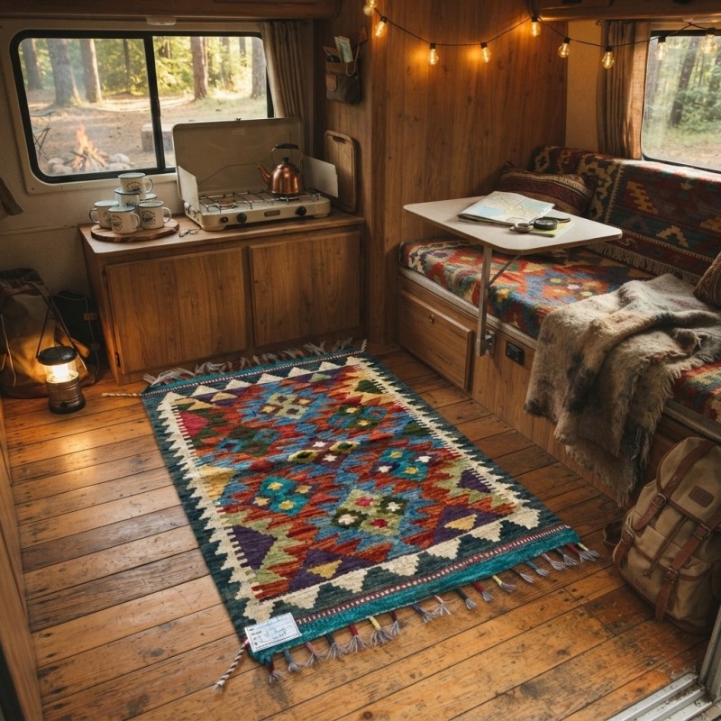 Açık Alan Keyfinize Otantik Dokunuş: Kök Boya %100 Yün El Dokuma Kilim (91 x 62 cm)