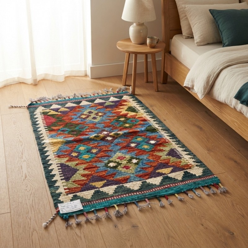 Açık Alan Keyfinize Otantik Dokunuş: Kök Boya %100 Yün El Dokuma Kilim (91 x 62 cm)