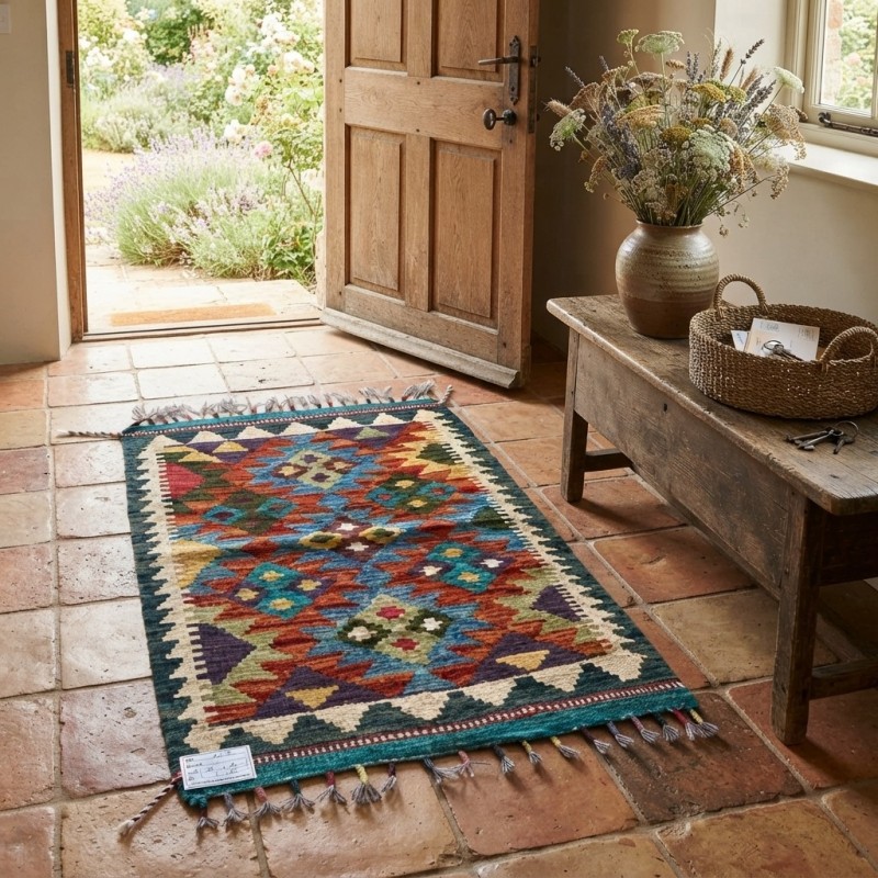 Açık Alan Keyfinize Otantik Dokunuş: Kök Boya %100 Yün El Dokuma Kilim (91 x 62 cm)