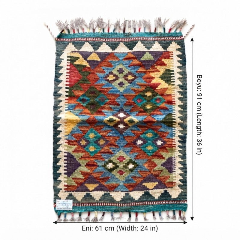 Açık Alan Keyfinize Otantik Dokunuş: Kök Boya %100 Yün El Dokuma Kilim (91 x 62 cm)