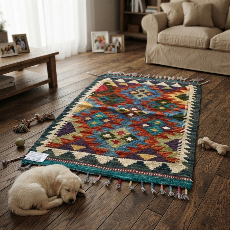 Açık Alan Keyfinize Otantik Dokunuş: Kök Boya %100 Yün El Dokuma Kilim (91 x 62 cm)