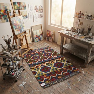 %100 Yün Kök Boya El Dokuma Kilim - Dünyada Tek / Özel Tasarım Otantik Motifli (124 x 87 cm)