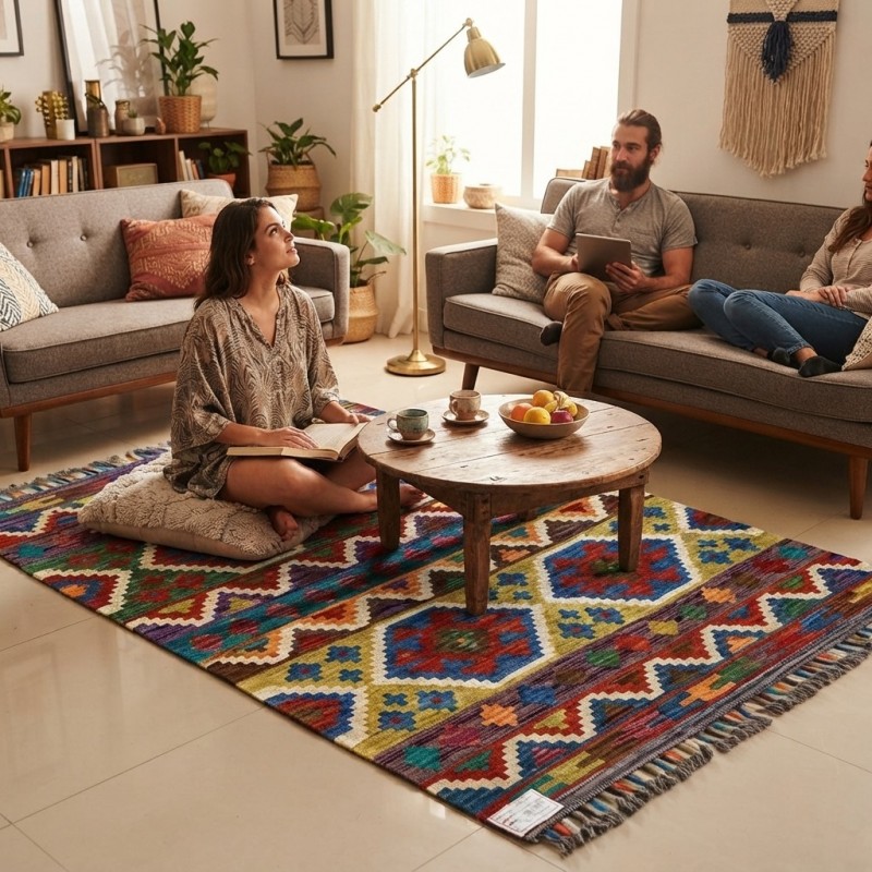 %100 Yün Kök Boya El Dokuma Kilim - Dünyada Tek / Özel Tasarım Otantik Motifli (124 x 87 cm)