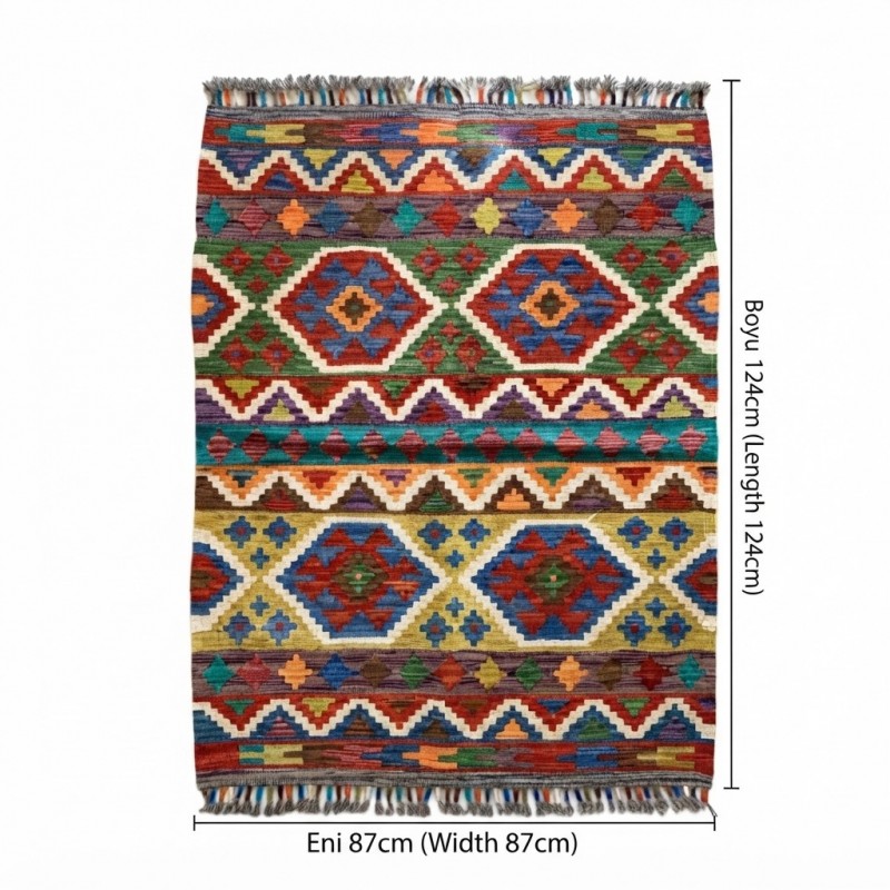 %100 Yün Kök Boya El Dokuma Kilim - Dünyada Tek / Özel Tasarım Otantik Motifli (124 x 87 cm)