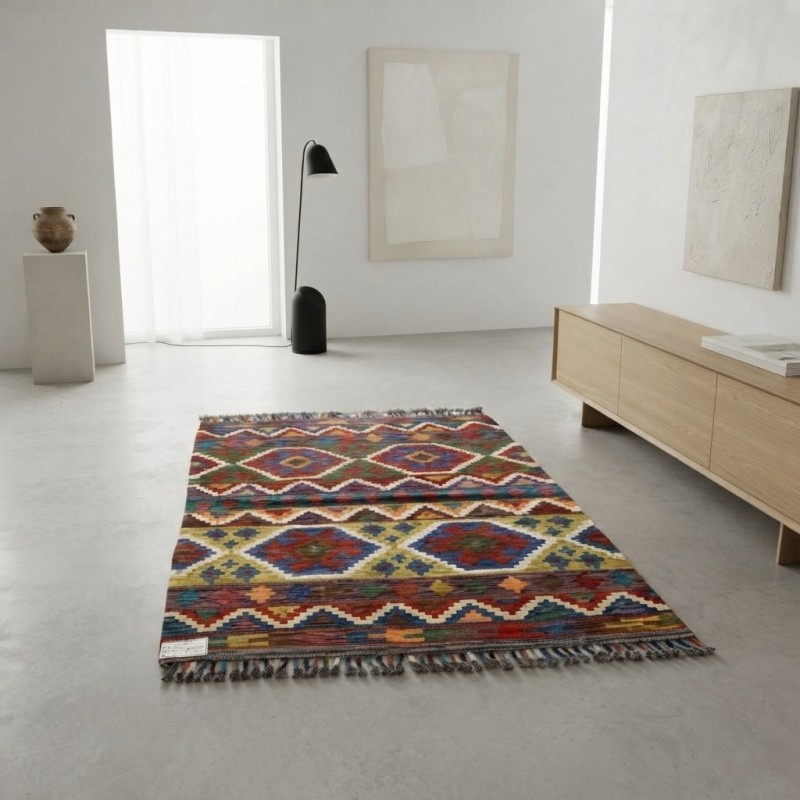 %100 Yün Kök Boya El Dokuma Kilim - Dünyada Tek / Özel Tasarım Otantik Motifli (124 x 87 cm)