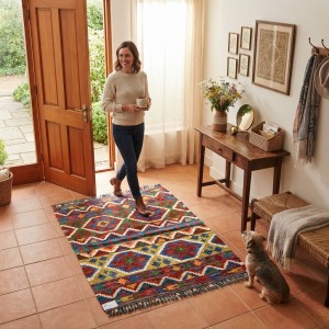 %100 Yün Kök Boya El Dokuma Kilim - Dünyada Tek / Özel Tasarım Otantik Motifli (124 x 87 cm)