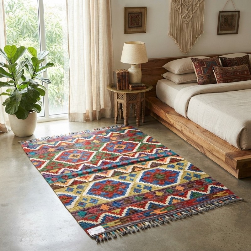 %100 Yün Kök Boya El Dokuma Kilim - Dünyada Tek / Özel Tasarım Otantik Motifli (124 x 87 cm)