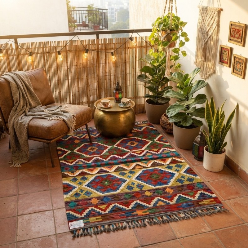 %100 Yün Kök Boya El Dokuma Kilim - Dünyada Tek / Özel Tasarım Otantik Motifli (124 x 87 cm)
