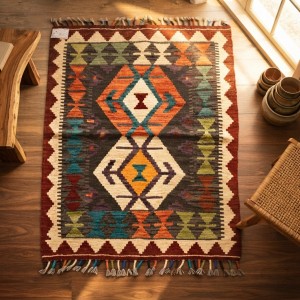 Mekana Karakter Katan Canlı Tonlar: Dünyada Tek El Dokuma Yün Kilim (104 x 77 cm)