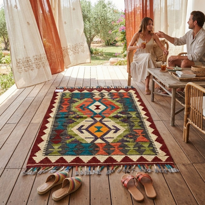 Mekana Karakter Katan Canlı Tonlar: Dünyada Tek El Dokuma Yün Kilim (104 x 77 cm)