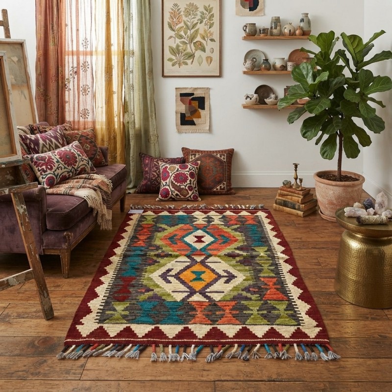 Mekana Karakter Katan Canlı Tonlar: Dünyada Tek El Dokuma Yün Kilim (104 x 77 cm)