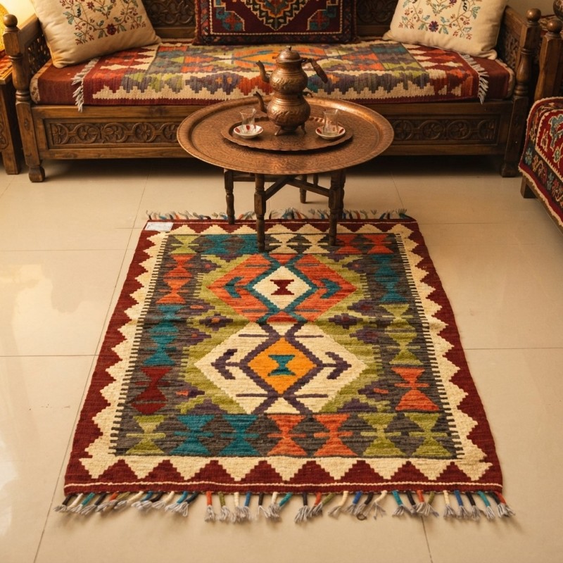 Mekana Karakter Katan Canlı Tonlar: Dünyada Tek El Dokuma Yün Kilim (104 x 77 cm)