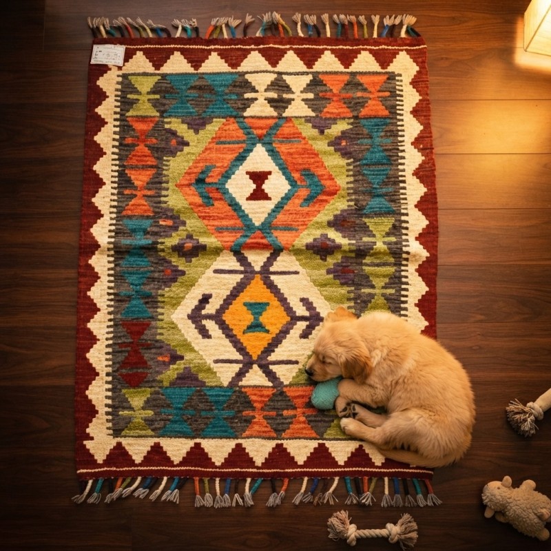 Mekana Karakter Katan Canlı Tonlar: Dünyada Tek El Dokuma Yün Kilim (104 x 77 cm)