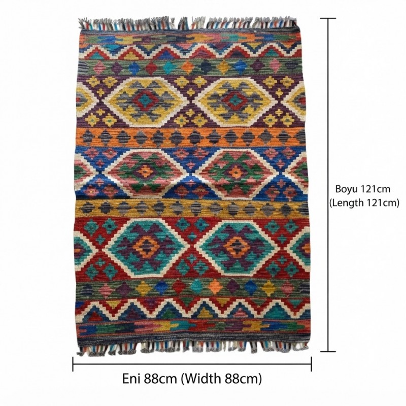 Zamansız Prestij ve Huzur: Kök Boya %100 Yün El Dokuma Otantik Kilim (121 x 88 cm)