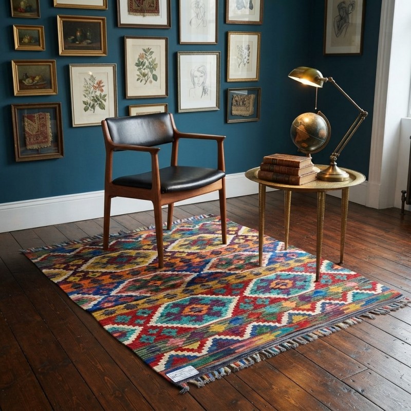 Zamansız Prestij ve Huzur: Kök Boya %100 Yün El Dokuma Otantik Kilim (121 x 88 cm)