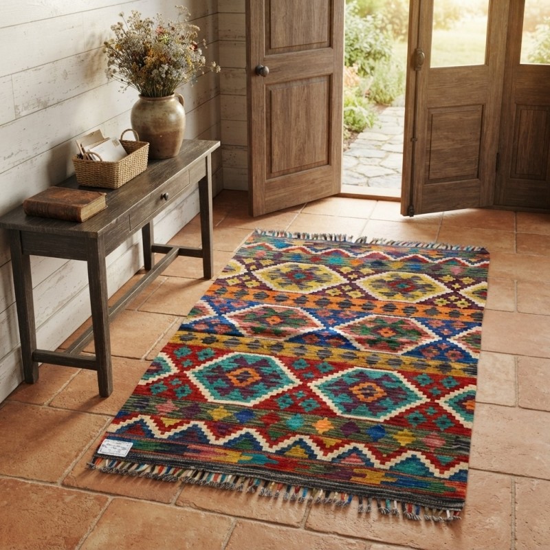 Zamansız Prestij ve Huzur: Kök Boya %100 Yün El Dokuma Otantik Kilim (121 x 88 cm)