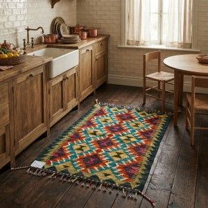 Mutfaklarınıza Neşe Katan Dokunuş: Kök Boya %100 Yün El Dokuma Kilim (91 x 60 cm)