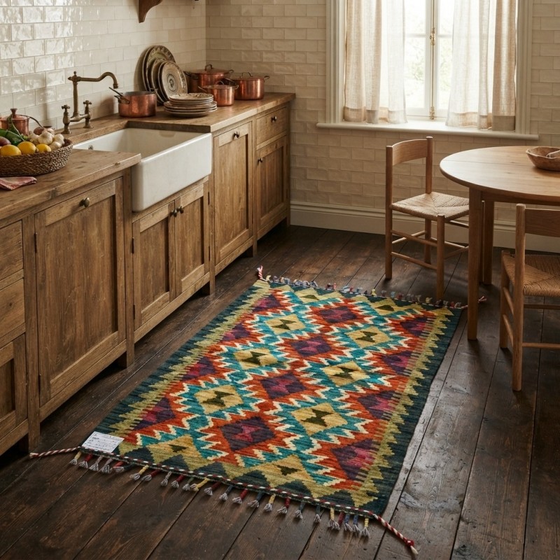 Mutfaklarınıza Neşe Katan Dokunuş: Kök Boya %100 Yün El Dokuma Kilim (91 x 60 cm)