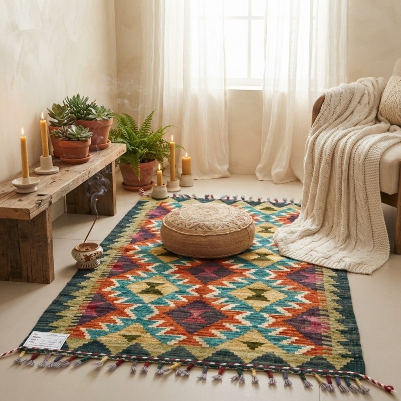 Mutfaklarınıza Neşe Katan Dokunuş: Kök Boya %100 Yün El Dokuma Kilim (91 x 60 cm)