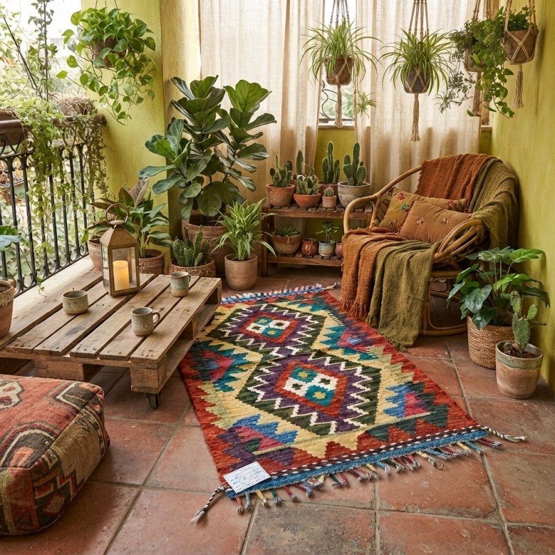 Mutfaklarınıza Neşe Katan Dokunuş: Kök Boya %100 Yün El Dokuma Kilim (91 x 60 cm)