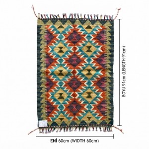 Mutfaklarınıza Neşe Katan Dokunuş: Kök Boya %100 Yün El Dokuma Kilim (91 x 60 cm)