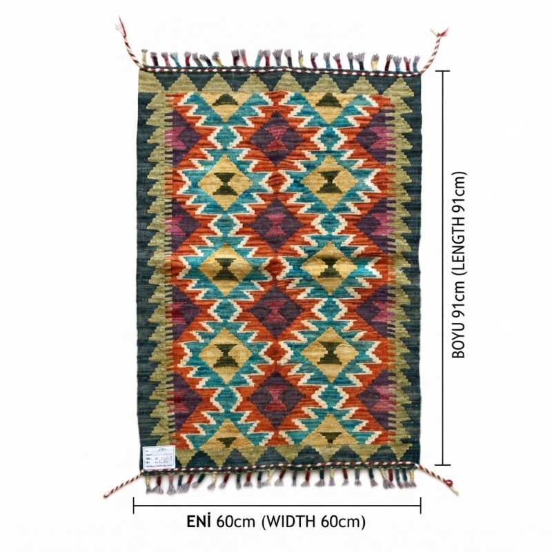 Mutfaklarınıza Neşe Katan Dokunuş: Kök Boya %100 Yün El Dokuma Kilim (91 x 60 cm)