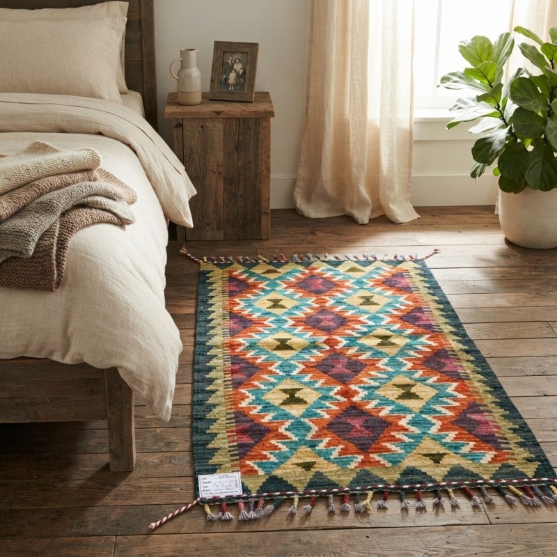 Mutfaklarınıza Neşe Katan Dokunuş: Kök Boya %100 Yün El Dokuma Kilim (91 x 60 cm)