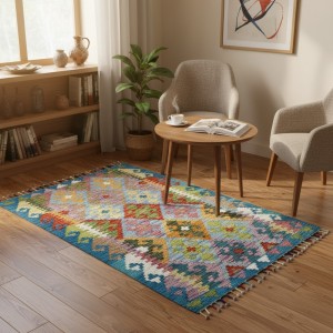 Doğayla İç İçe Özgür Anlar: Kök Boya %100 Yün El Dokuma Otantik Kilim (121 x 85 cm)
