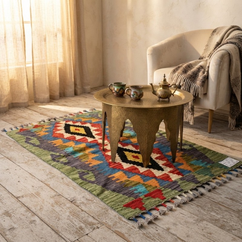 Doğal Yaşam Alanlarına Otantik Dokunuş: Kök Boya %100 Yün El Dokuma Kilim (92 x 62 cm)
