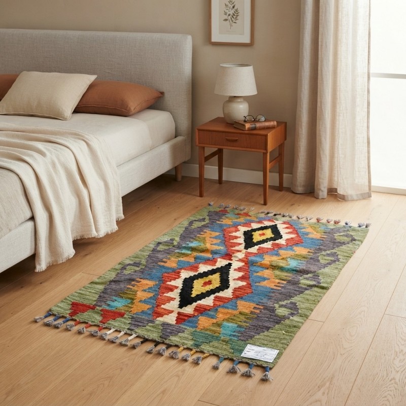 Doğal Yaşam Alanlarına Otantik Dokunuş: Kök Boya %100 Yün El Dokuma Kilim (92 x 62 cm)