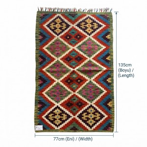 Kök Boya El Dokuma Kilim %100 Yün  Dünyada Tek / Geometrik Baklava Desenli (135 x 77 cm)