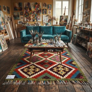 Kök Boya El Dokuma Kilim %100 Yün  Dünyada Tek / Geometrik Baklava Desenli (135 x 77 cm)