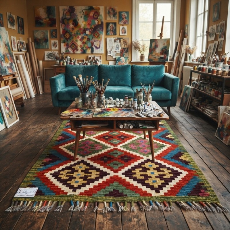 Kök Boya El Dokuma Kilim %100 Yün  Dünyada Tek / Geometrik Baklava Desenli (135 x 77 cm)